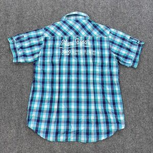 Red Snap Shirt Mens L Blue Plaid Short Sleeve Pearl Snap Miami Beach Embroidered